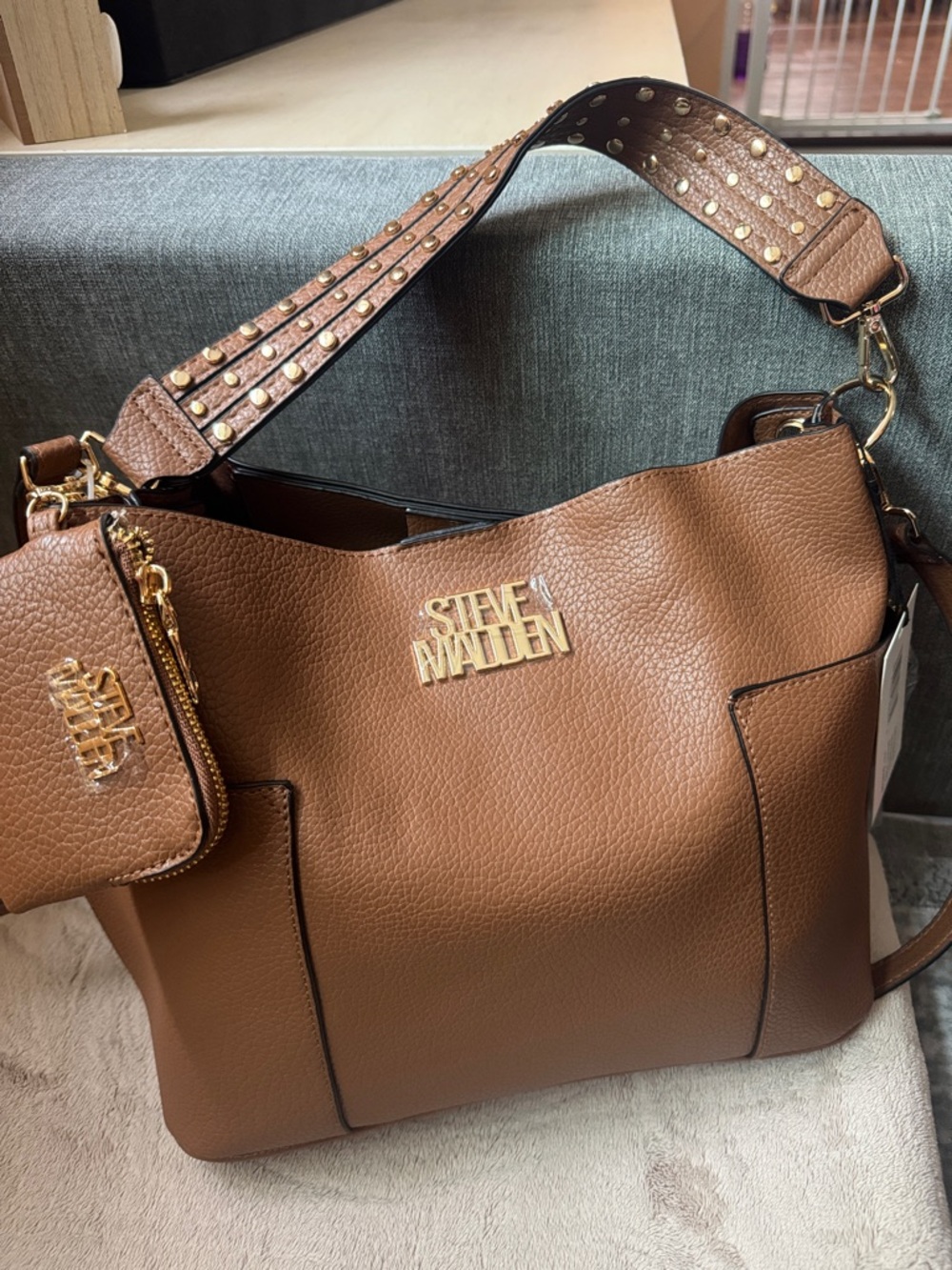 Steve Madden Brown Pebble Shoulder Tote with Studded Strap